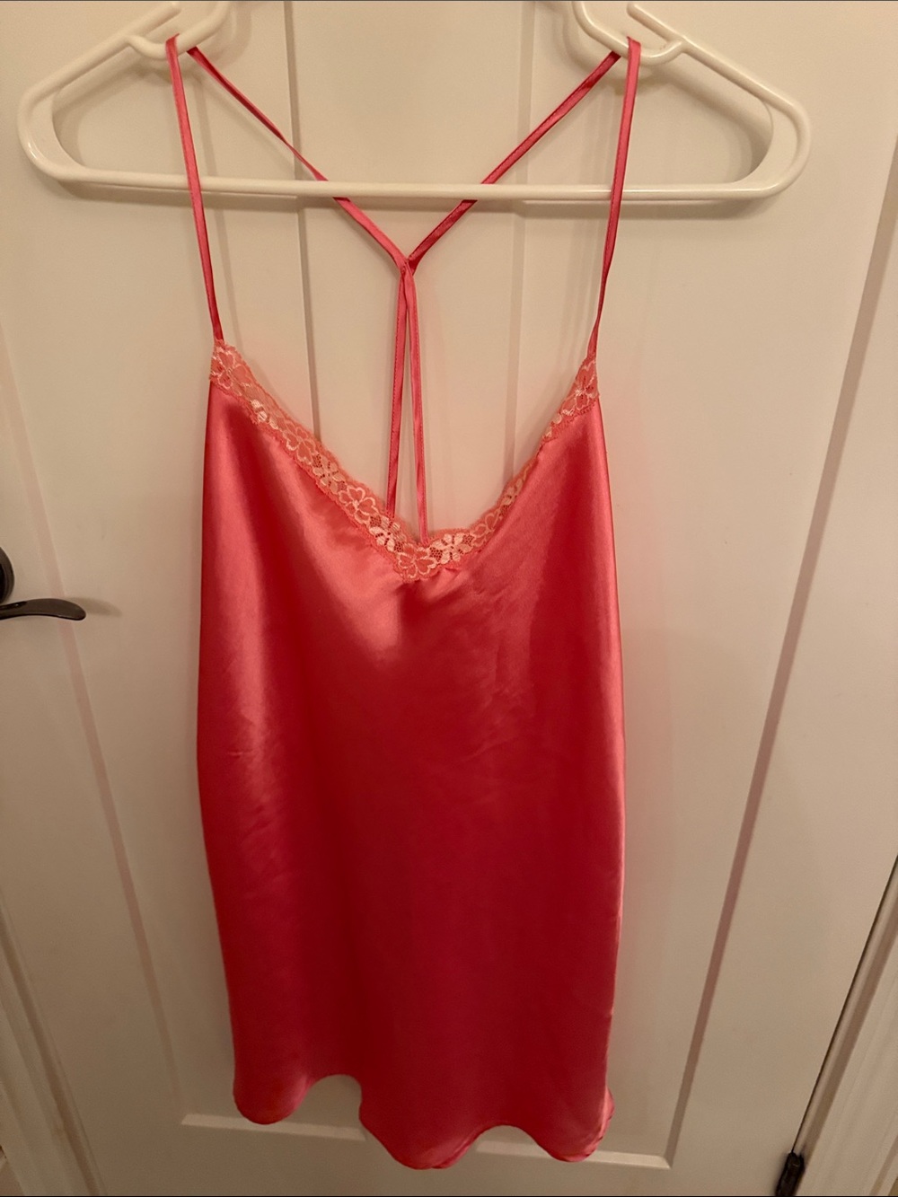 Satin Lace-Trim Chemise Slip / Nightgown in Coral Pink